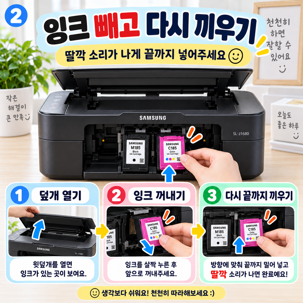 잉크를 다시 빼고 끝까지 끼워주세요