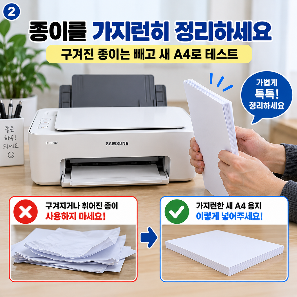 종이를 한 번 꺼내서 가지런히 정리하세요