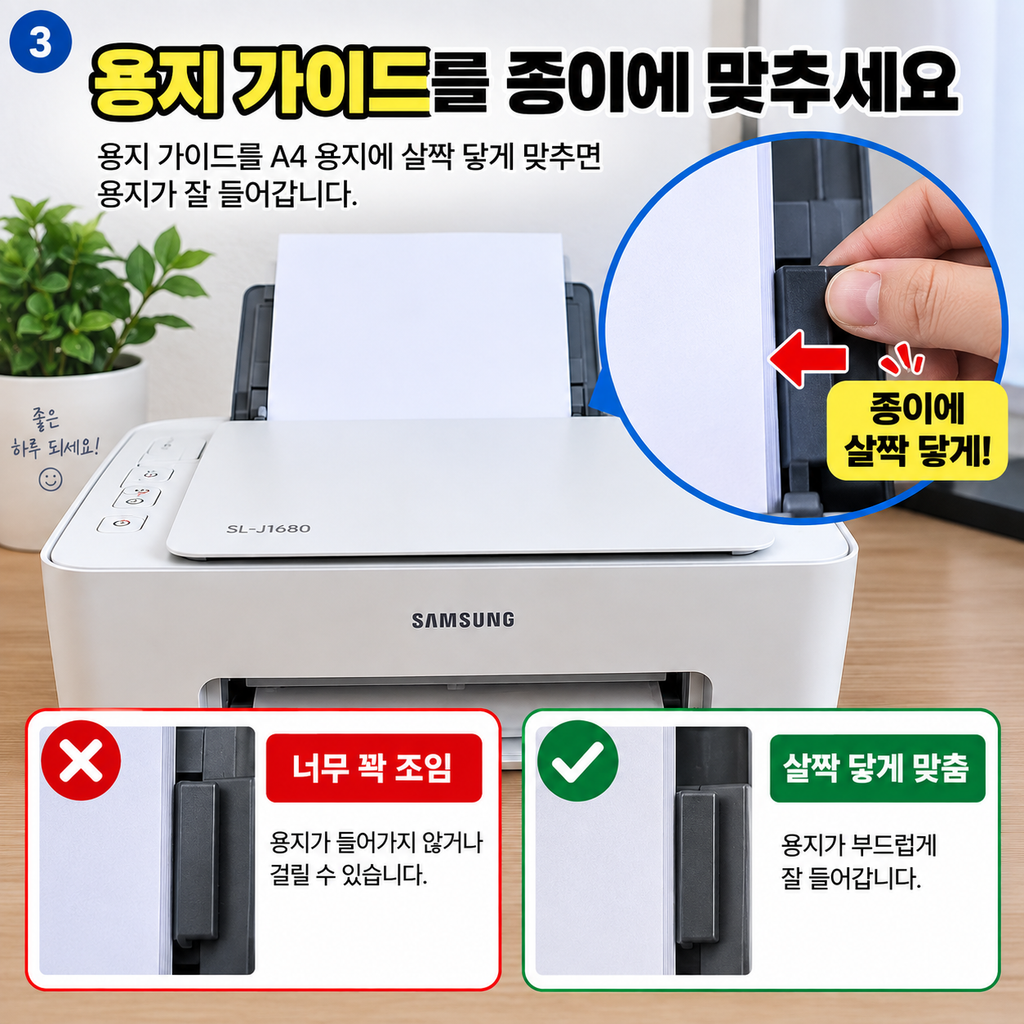 용지 가이드를 A4 종이에 맞추는 모습