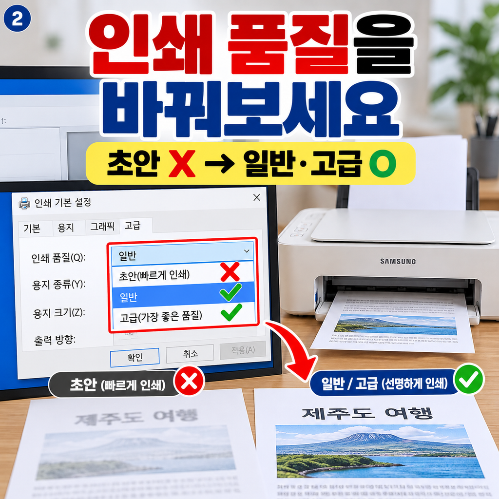 인쇄 품질이 ‘초안’으로 되어 있는지 확인하세요
[삼성 SL-J1680 글씨가 흐리게 나올 때]