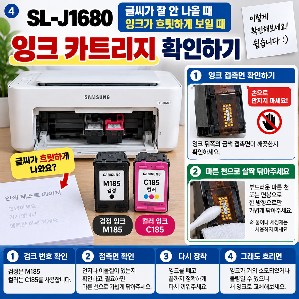 카트리지를 빼서 접촉 부분을 확인하세요