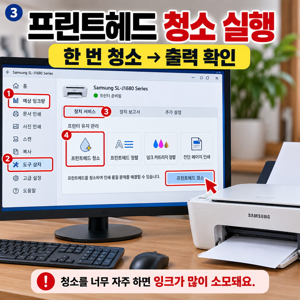  왼쪽 위 작은 숫자 3 / 예상 잉크량 → 도구상자 → 장치 서비스 → 프린트헤드 청소