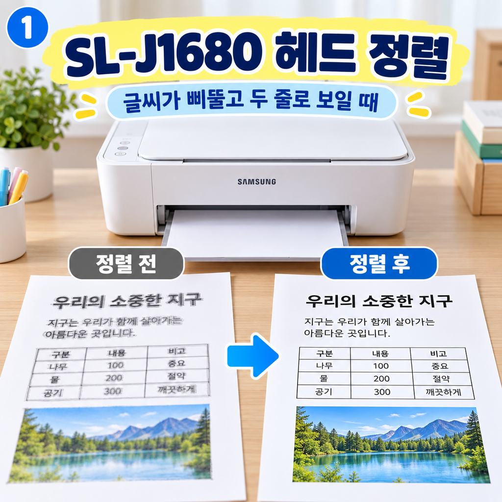 삼성 SL-J1680 헤드 정렬｜글씨가 삐뚤고 두 줄로 보일 때 해결