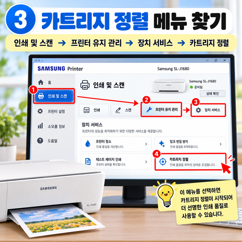 카트리지 정렬 메뉴를 찾아주세요
