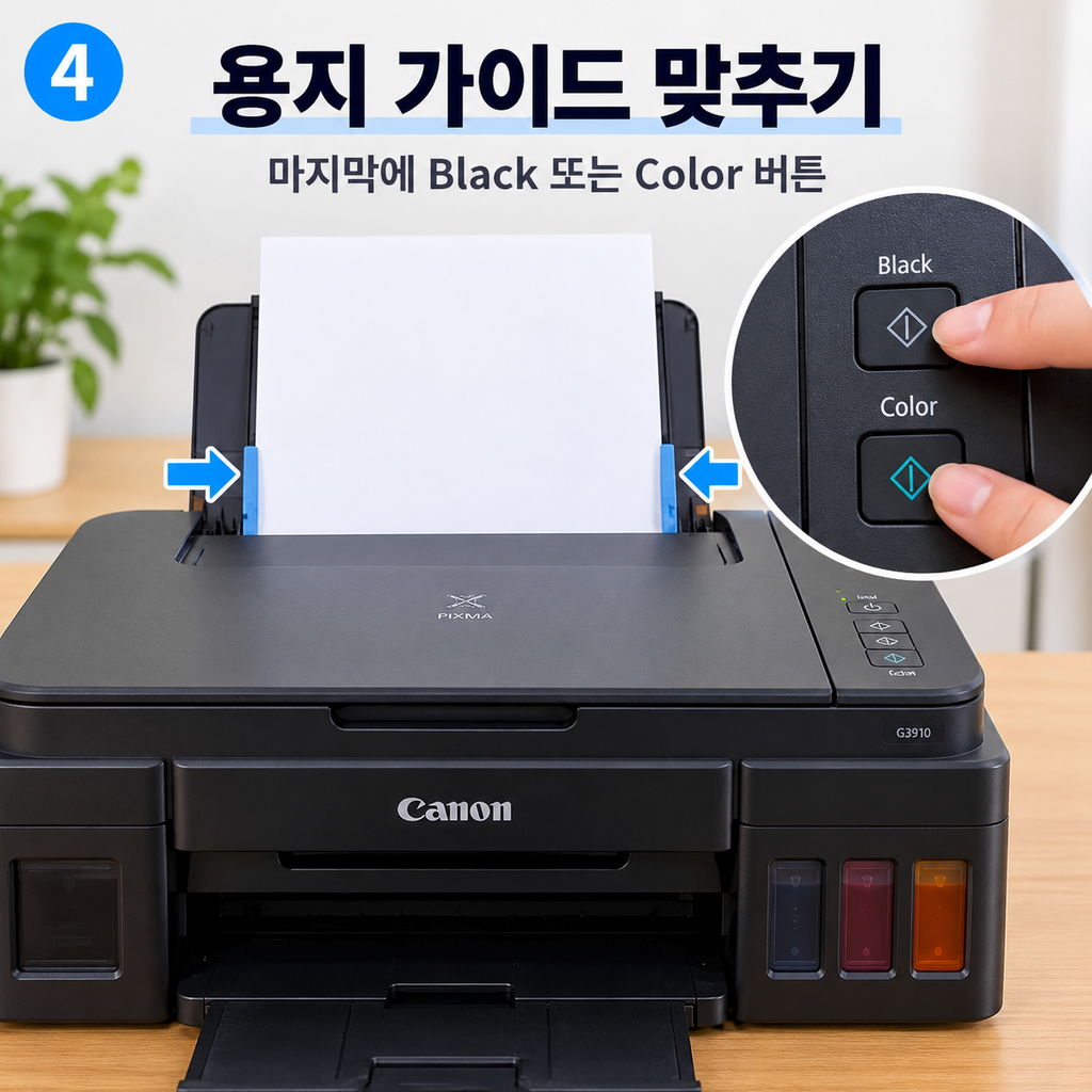 [왼쪽 위 작은 숫자 4 / 용지 가이드 너무 넓음 X → 살짝 맞춤 O]