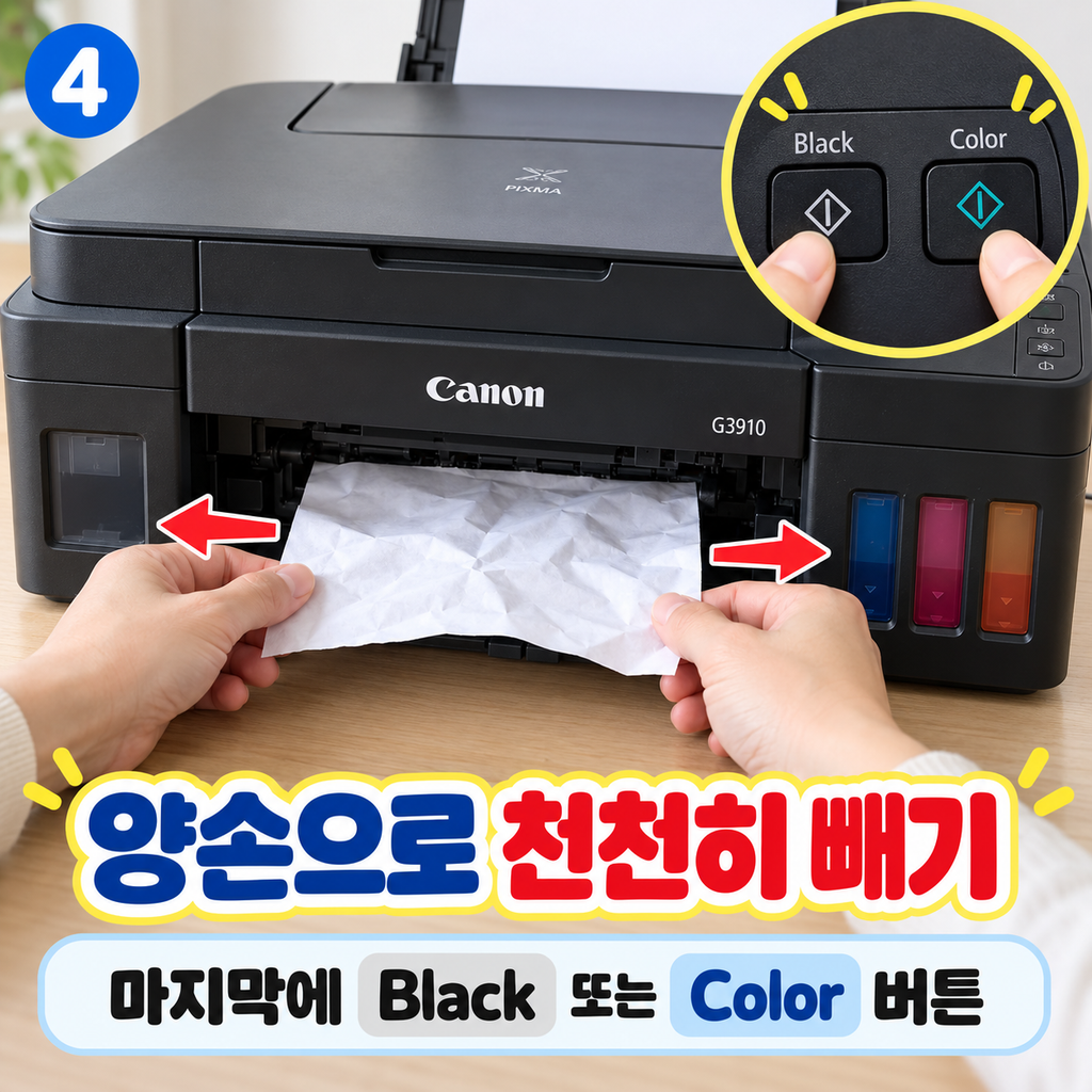 [왼쪽 위 작은 숫자 4 / 양손으로 천천히 종이 빼기, 세게 당기기 X]