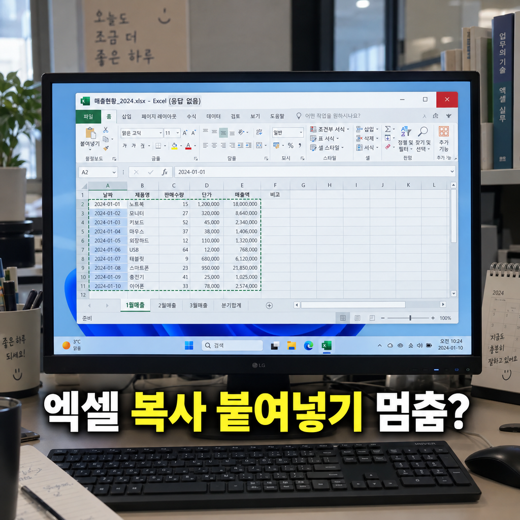 Excel에서 Ctrl+C 후 응답 없음이 나타난 실제 화면