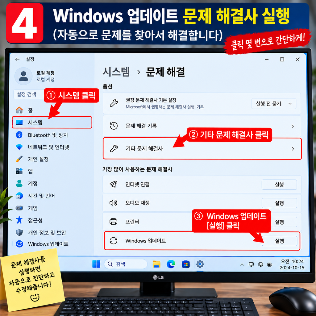 Windows 업데이트 문제 해결사 실행 화면